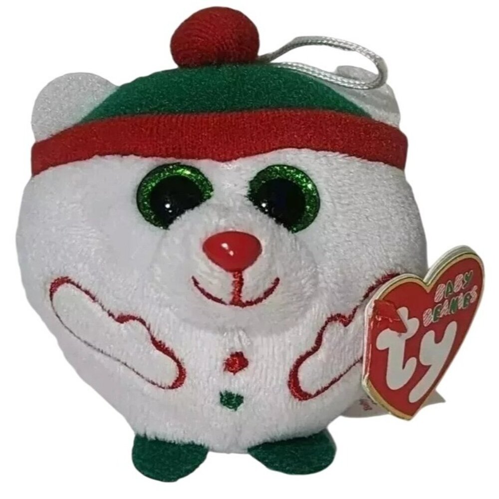 Ty Baby Beanies Snowdrift Bear Plush Ornament White Red Green Christmas Ball NEW